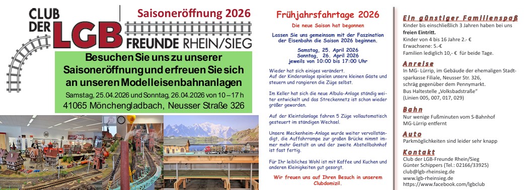 Saisoneröffnung 2026
Frühjahrsfahrtage am Samstag, 25. April 2026 und Sonntag, 26. April 2026, jeweils von 10-17 Uhr in unserem Clubdomizil - Mönchengladbach Lürrip 
